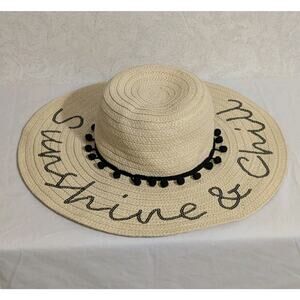 Betsey Johnson Straw Hat Beige Black Pom Pom Wide Brim “Sunshine & Chill” Script